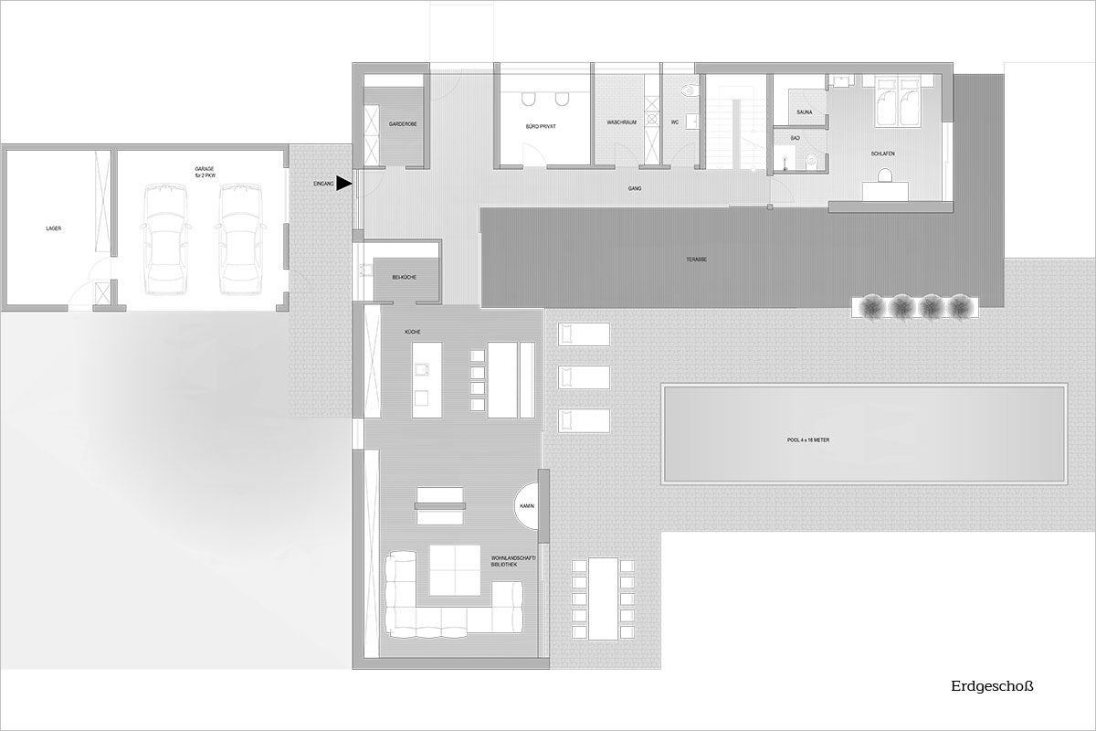 Grundriss Obergeschoß - Design Ferienhaus Bauhausvilla Kärnen